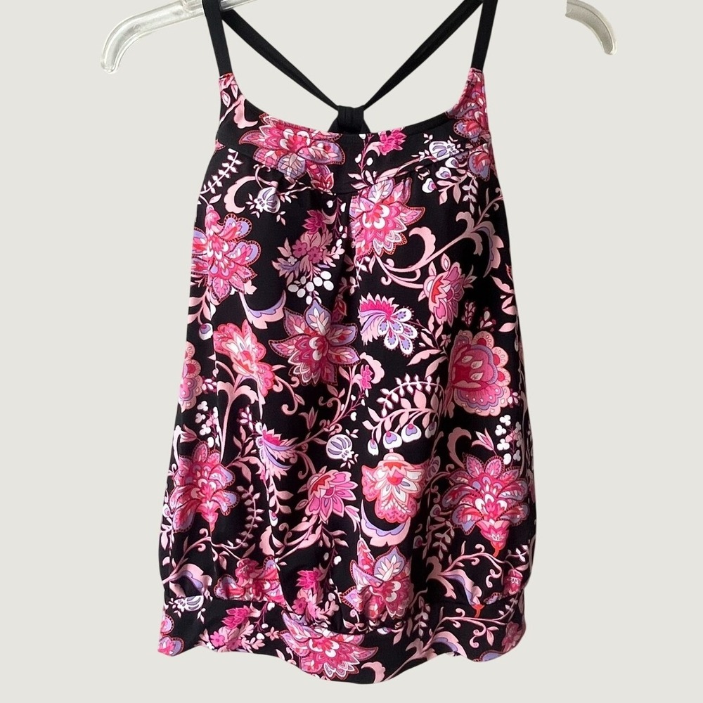 Lands End Floral Tankini Swimsuit Top Womens 2 Pink Black High Neck Blousen